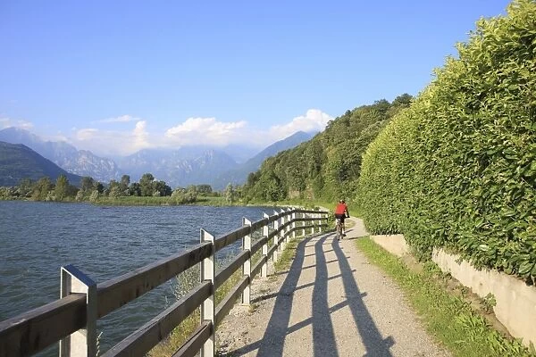 Man bikes along path at lakes edge, Lake Como, Italian Lakes, Lombardy