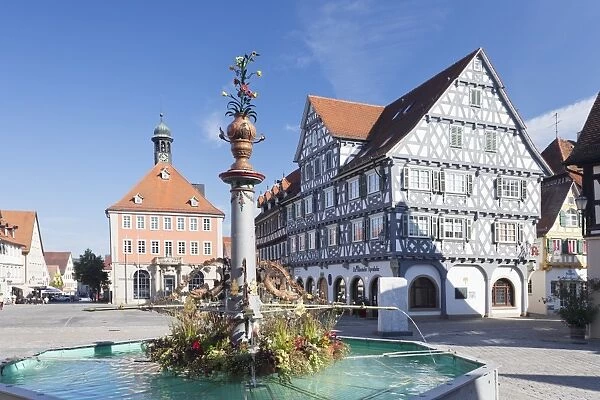 Marketplace, Town Hall, fountain and Palmsche Apotheke Pharmacy, Schorndorf, Schurwald, Baden Wurttemberg, Germany, Europe