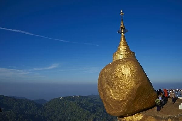 Monk and pilgrims, Kyaiktiyo Golden Rock, Mon State, Myanmar (Burma), Asia