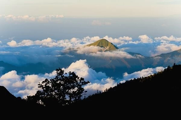Mountain peaks rising high above the clouds taken from Mount Rinjani volcano, Lombok, Indonesia, Southeast Asia, Asia