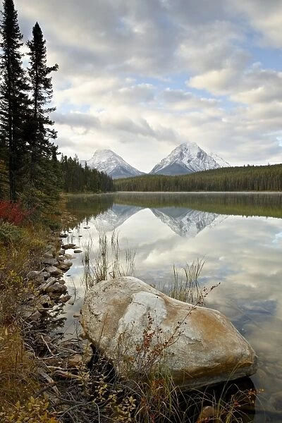 Mountains reflected in Leech Lake, Jasper National Park, UNESCO World Heritage Site