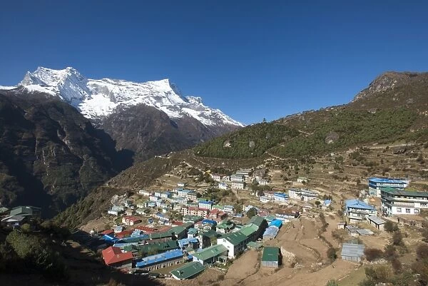 Namche, the main trading centre and tourist hub for the Khumbu (Everest region) with Kongde Ri peak