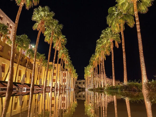 Night at the Kempinski Hotel Ishtar, a five-star luxury resort by the Dead Sea inspired by the Hanging Gardens of Babylon, Jordan, Middle East