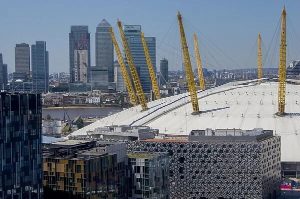 O2 Arena, with Canary Wharf behind, London, England, United Kingdom, Europe