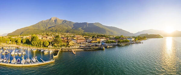 Panoramic aerial view of Colico village at sunset, Lake Como, Lombardy, Italian Lakes