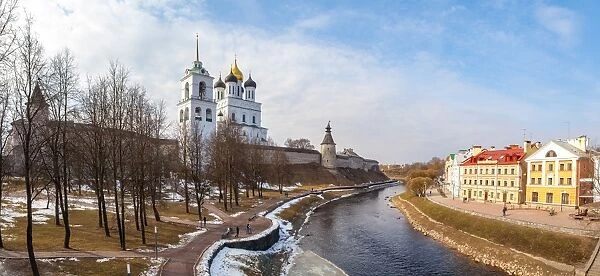 Panoramic vew of embankment and Kremlin in Pskov, Russia, Europe