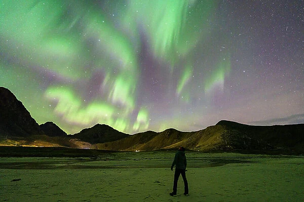 Photographer contemplating the Aurora Borealis (Northern Lights) in the starry sky from Haukland beach, Lofoten Islands, Nordland, Norway, Scandinavia, Europe