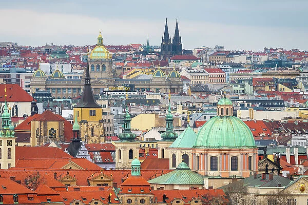 Prague skyline with dome of St. Francis Of Assisi Church, National Museum and St. Ludmila's Church, Prague, Czech Republic (Czechia), Europe