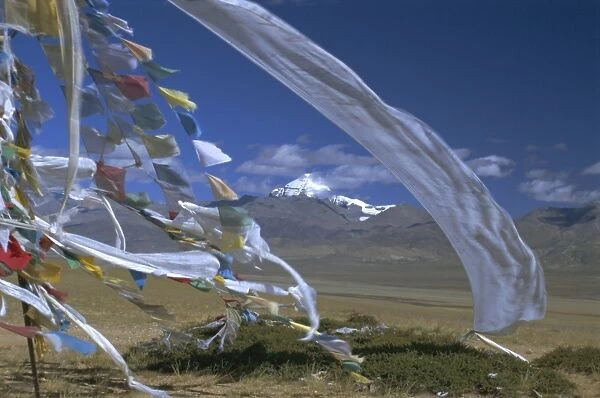 Prayer flags on top of low pass on Barga Plain, with Mount Kailas (Kailash) beyond