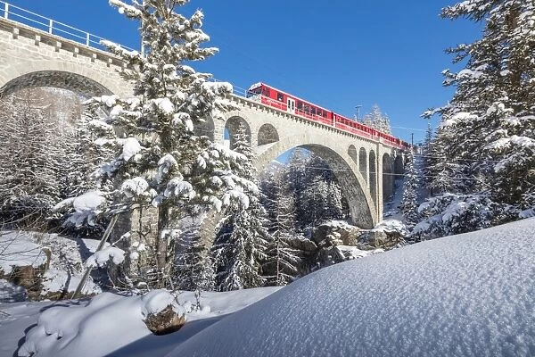 The red train on viaduct surrounded by snowy woods, Cinuos-Chel, Canton of Graubunden