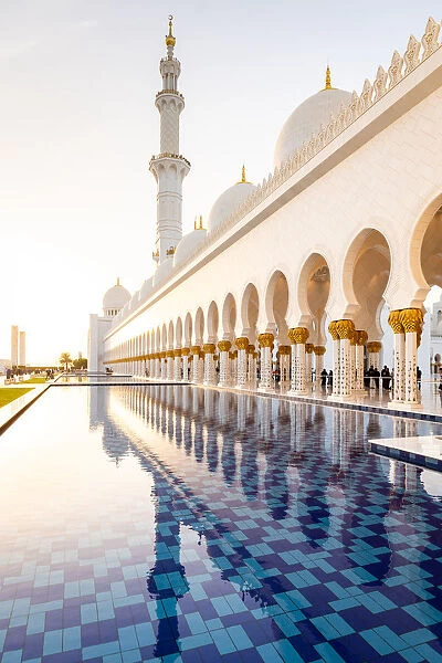 Reflections in the pools at Abu Dhabis magnificent Grand Mosque, Abu Dhabi, United