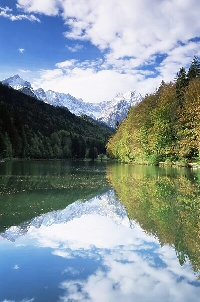 Reflections in Riessersee of Wetterstein Mountains
