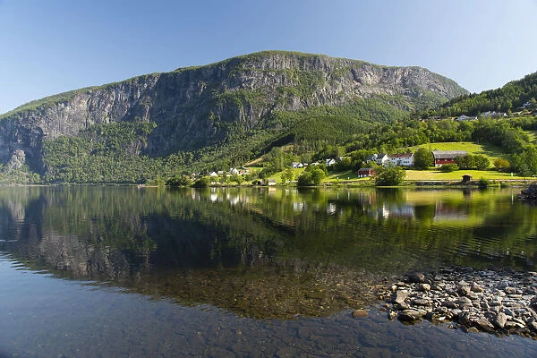 Reflections in still water at Lake Granvinvatnet, Hordaland, Vestlandet, Norway