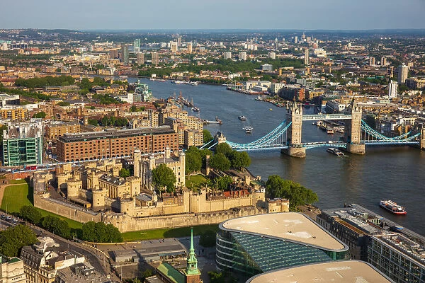 River Thames, Tower of London and Tower Bridge from above, London, England