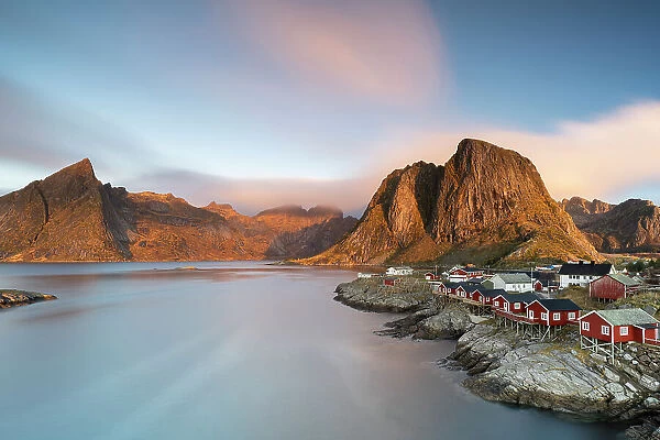 Rorbu cabins at dawn, Hamnoy, Reine, Lofoten Islands, Nordland, Norway, Scandinavia, Europe