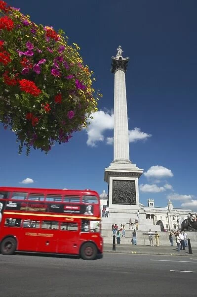 Routemaster bus passing Nelsons Column, Trafalgar Square, London, England