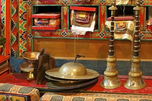 Sacred texts, horns Cignil (cymbals) and yeti scalp, Namche monastery, Namche Bazaar, Nepal, Asia