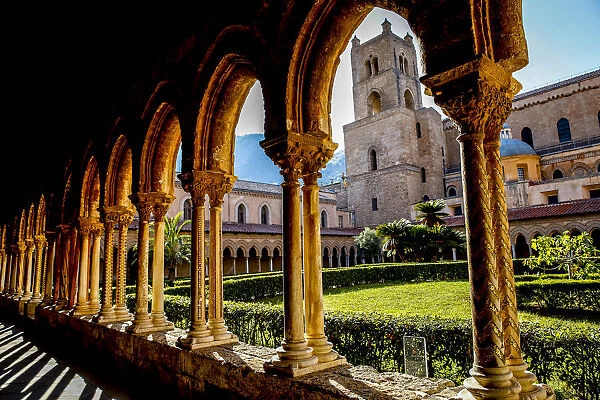Santa Maria Nuova Cathedral cloister and South Tower, Monreale, Sicily, Italy, Europe