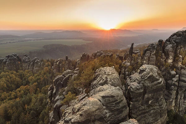 Schrammsteine Rocks at sunset, Elbsandstein Mountains, Saxony Switzerland National Park