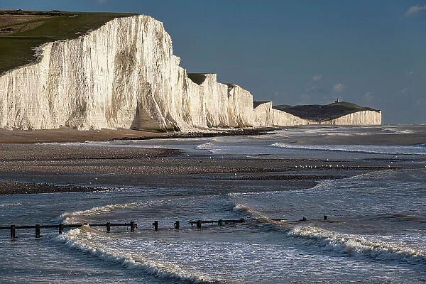 The Seven Sisters white chalk cliffs from Cuckmere Haven, South Downs National Park, East Sussex, England, United Kingdom, Europe
