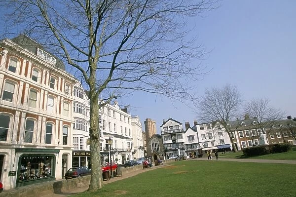 Shops and restaurants, Cathedral Green, Exeter, Devon, England, United Kingdom, Europe