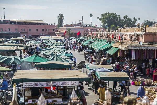 Shops and restaurants around Jemaa el-Fna Square, UNESCO World Heritage Site, Marrakech