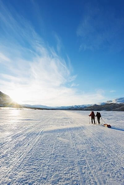 Ski touring on Kungsleden (The Kings Trail) frozen lake, Abisko National Park, Helsinki, Finland, Scandinavia, Europe
