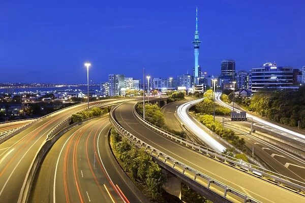 Sky Tower and Southern Motorway 1 viewed from Hopetoun Street, Auckland, North Island, New Zealand, Pacific