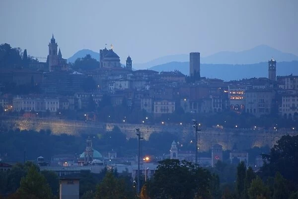 Skyline at dusk, Bergamo, Lombardy, Italy, Europe