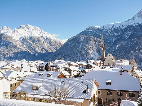 Snow atop the Alpine village of Sent, Graubunden, Switzerland, Europe