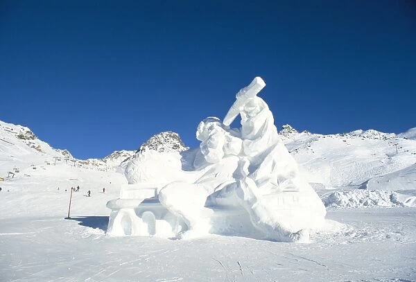 Snow statue of Galileo Galilae at Idalp area, above village of Ischgl, Tirol Alps