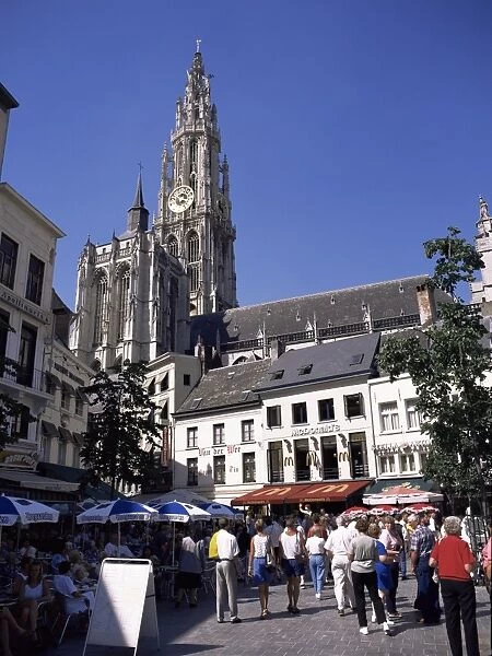 Spire and part of the cathedral from Groen Plaats, Antwerp, Belgium, Europe