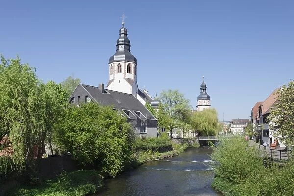 St. Martinskriche church on River Alb and Town Hall, Ettlingen, Baden-Wurttemberg