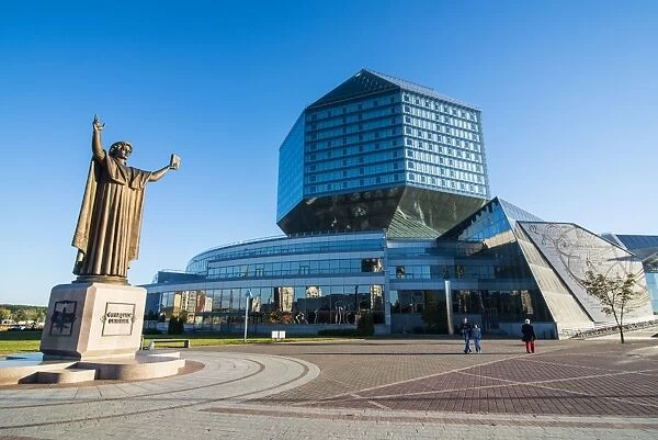 Statue of Francysk Skaryna in front of the National Library of Belarus, Minsk, Belarus, Europe