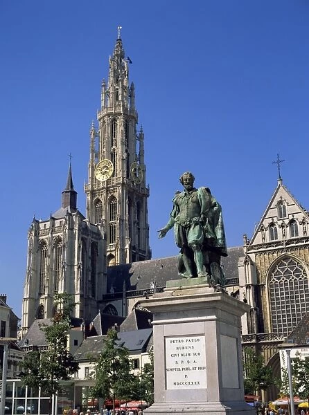 Statue of Rubens and the cathedral on the Groen Plaats in Antwerp, Belgium, Europe
