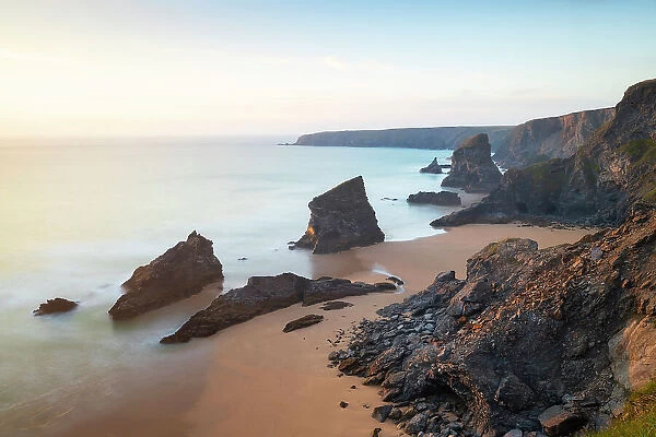 Sunset at Carnewas and Bedruthan Steps, Bedruthan Steps, Newquay, Cornwall, England, United Kingdom, Europe