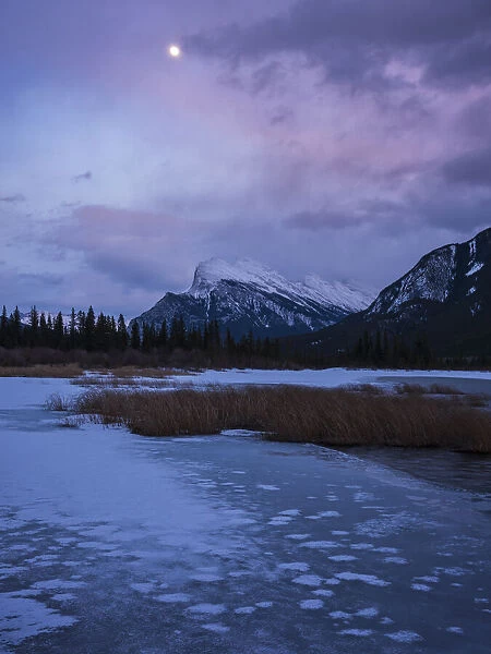 Sunset with lake ice and Mount Rundle, Vermillion Lakes, Banff National Park