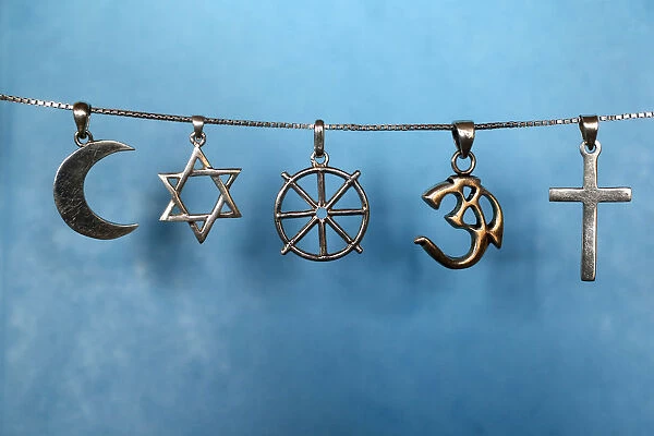 Symbols of Islam, Judaism, Buddhism, Hinduism and Christianity, Eure, France, Europe