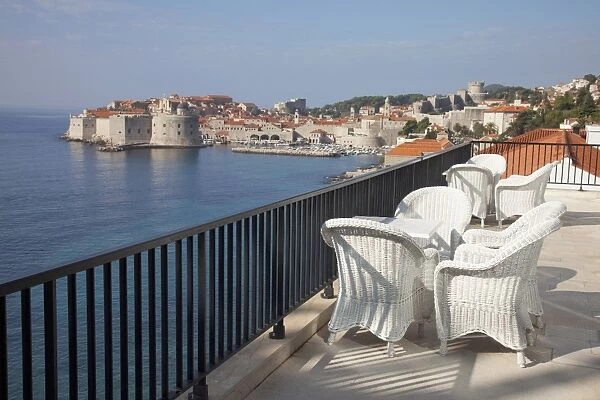 Terrace of Excelsior Hotel with Dubrovnik Old Town in the distance, Dubrovnik, Croatia, Europe