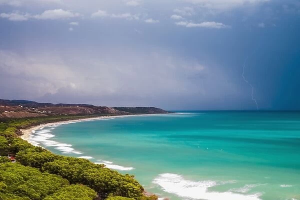 Thunder and lightning storm over Capo Bianco Beach and the Mediterranean Sea in the Province of Agrigento, Sicily, Italy, Europe