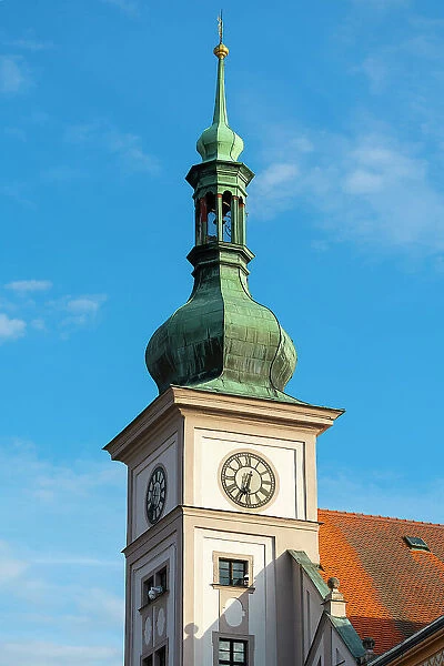Detail of tower of Town Hall, Marketplace Square (TG Masaryk Square), Loket, Czech Republic (Czechia), Europe