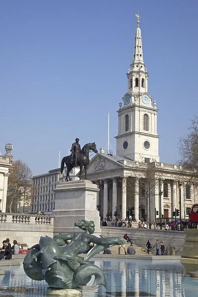 Trafalgar Square fountains and St. Martin in the Fields, London, England, United Kingdom, Europe