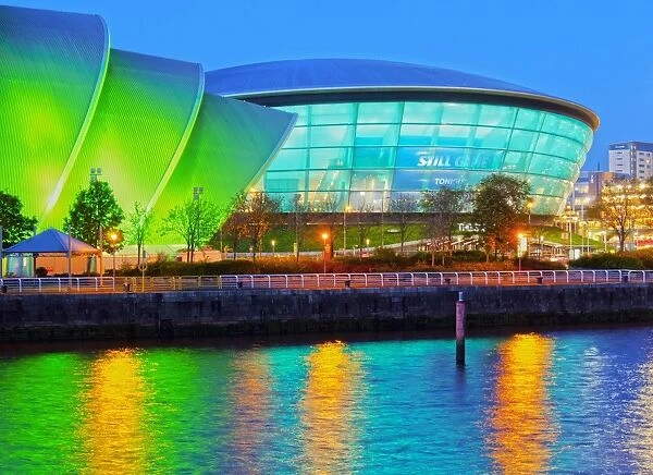 Twilight view of The Clyde Auditorium and the Hydro, Glasgow, Scotland, United Kingdom