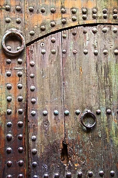 Typical wooden Moroccan door, street of Medina, Marrakech, Morocco, North Africa