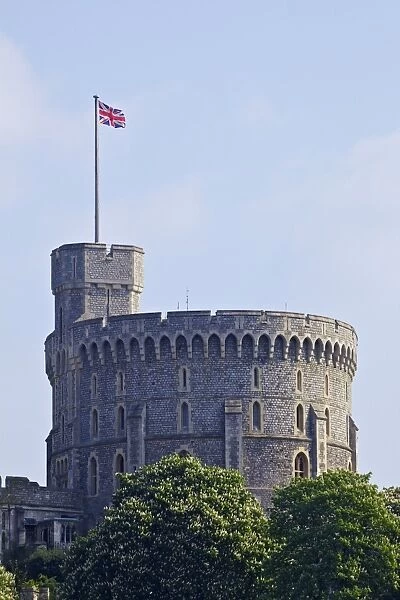 Union Jack flag flying above the Round Tower, Windsor Castle, Windsor, Berkshire
