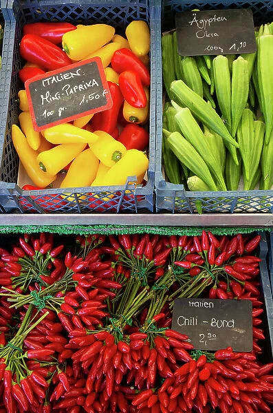 Vegetables including okra, paprika and chilli for sale, Viktualienmakt (Market), Old Town, Munich, Bavaria, Germany, Europe