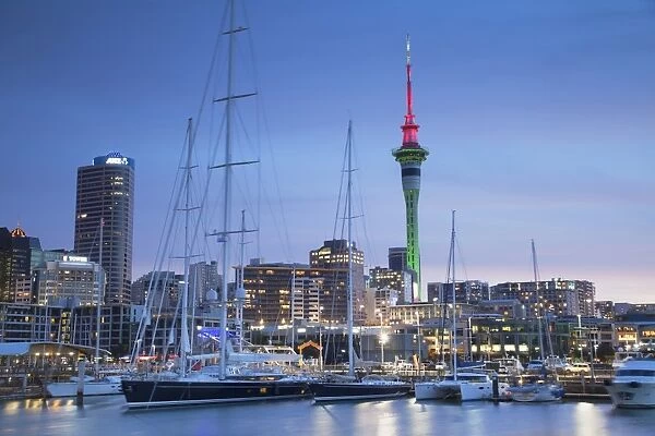 Viaduct Harbour and Sky Tower at dusk, Auckland, North Island, New Zealand, Pacific