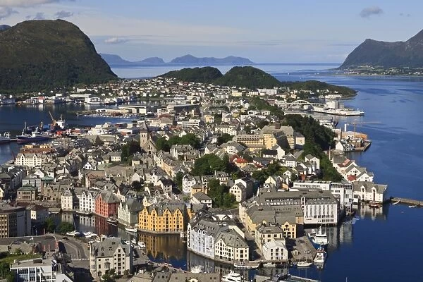 View from Aksla hill over Alesund and surrounding waters, More og Romsdal, Norway, Scandinavia, Europe