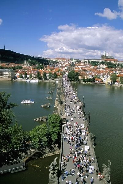 View of Charles Bridge over Vltava River from Old Town Bridge Tower, Prague