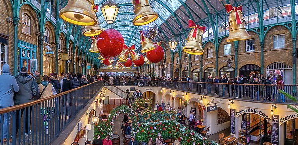 View of Christmas decorations in the Apple Market, Covent Garden, London, England, United Kingdom, Europe
